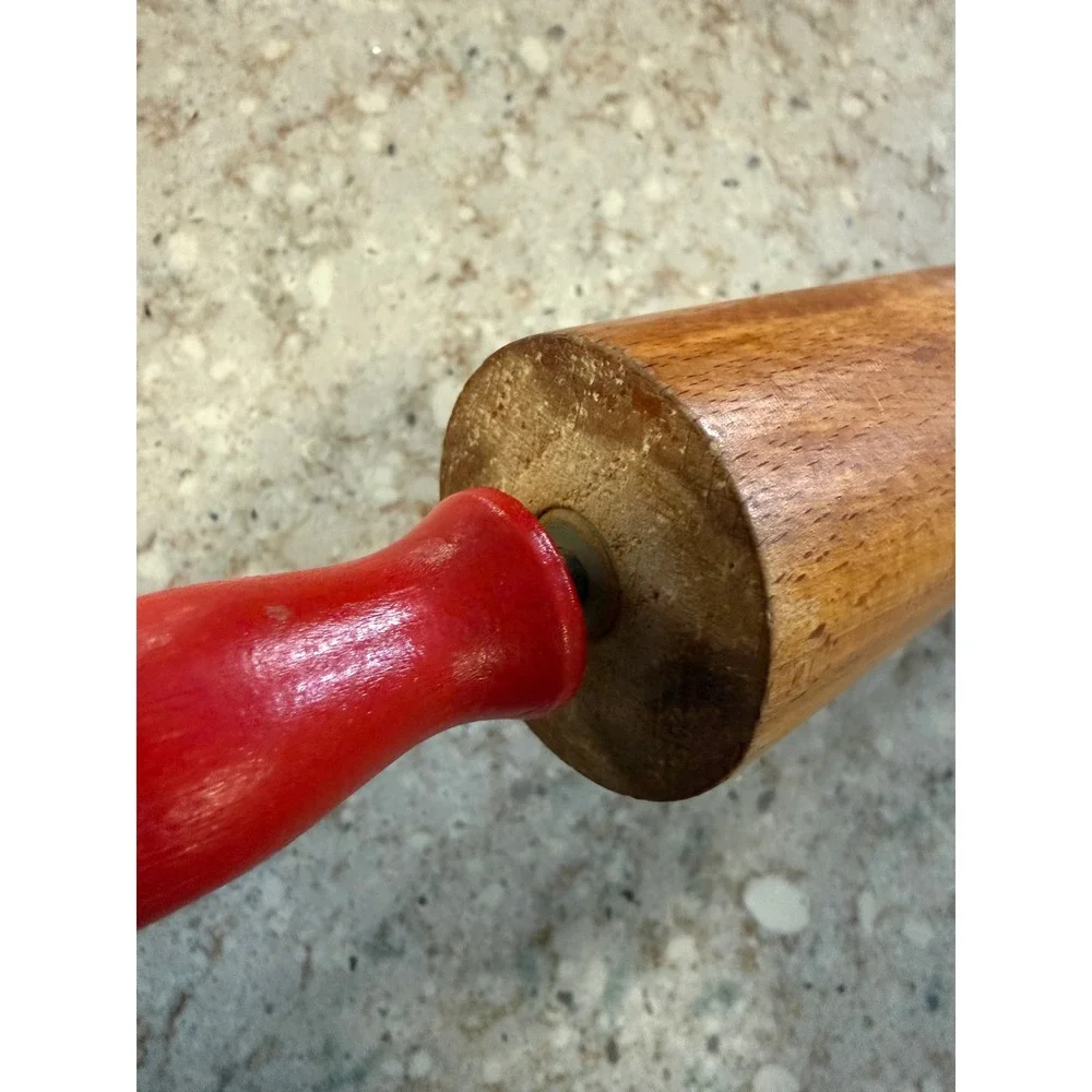 Vintage Wooden Rolling Pin with Red Painted Handles Farmhouse Kitchen Decor